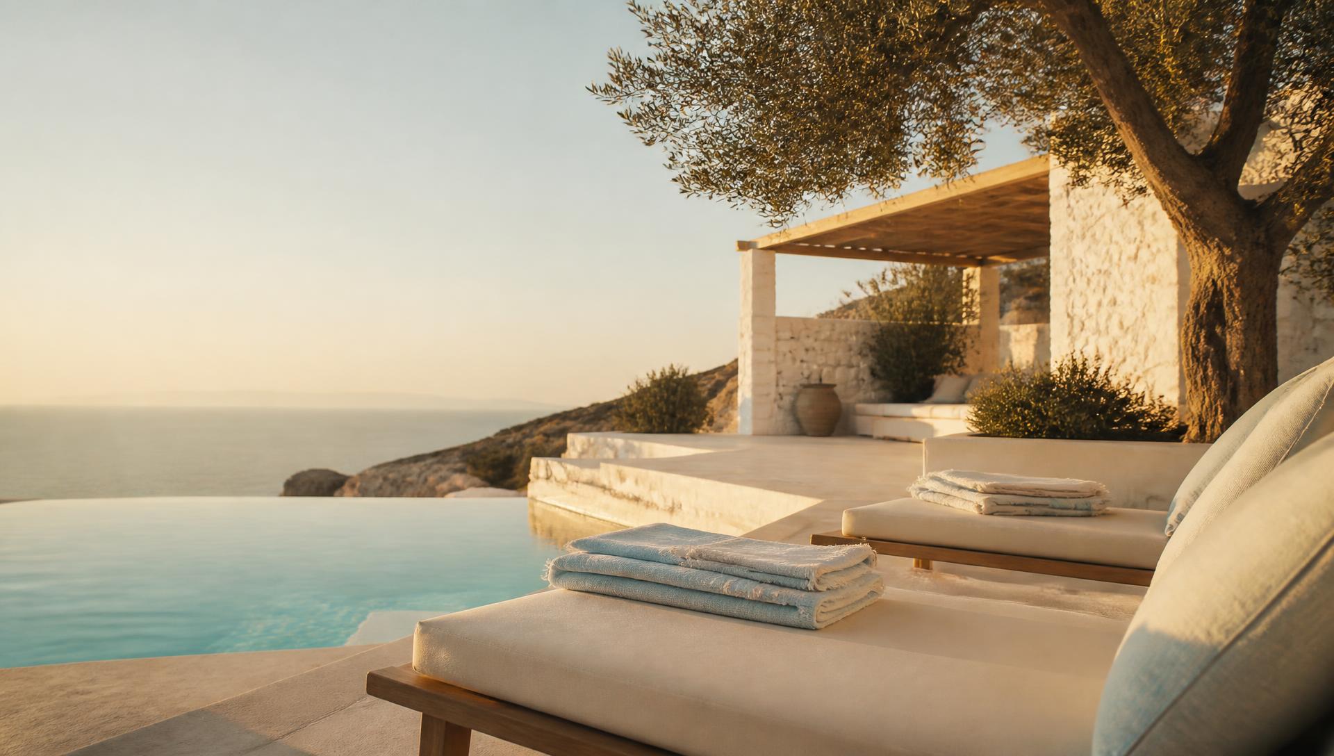 Folded Turkish cotton towels on teak loungers beside an infinity pool at a Mediterranean resort