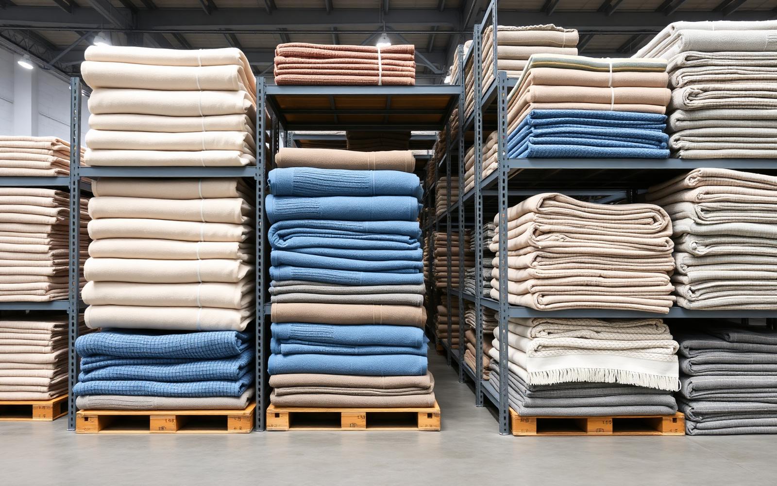 Wholesale Turkish towels stacked by color in a US distribution warehouse
